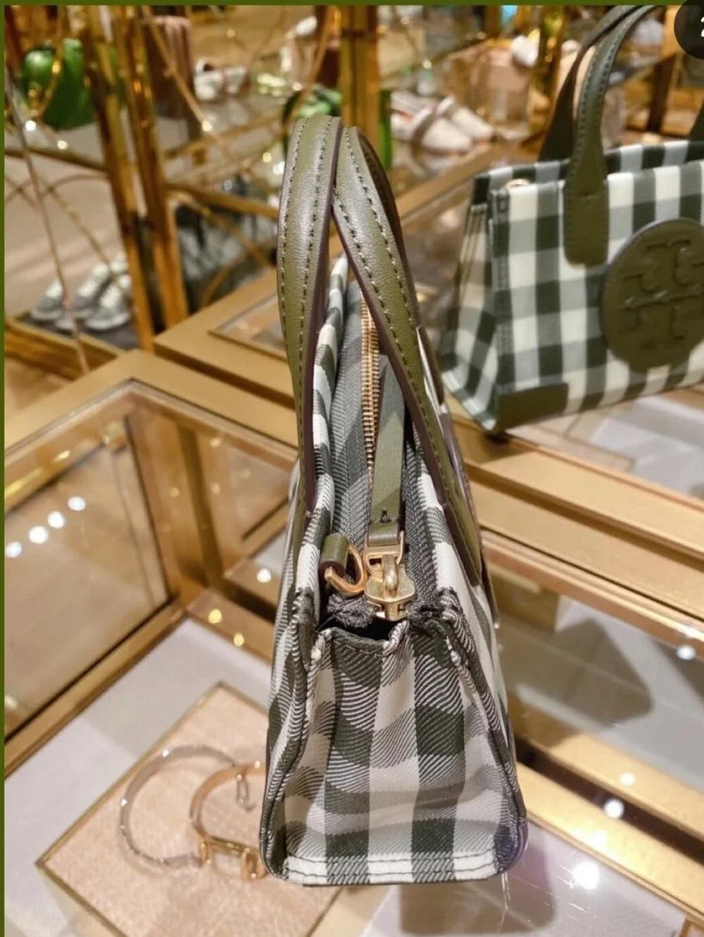 Tory Burch Ella Micro Tote in Olive Green & White Gingham